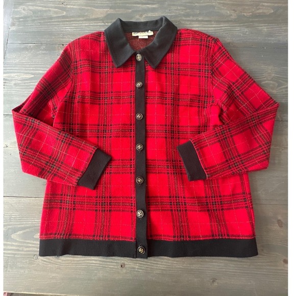 VTG Cathy Daniels Red Black Plaid Gold Accent Button Cardigan Sweater Women L - Picture 2 of 11